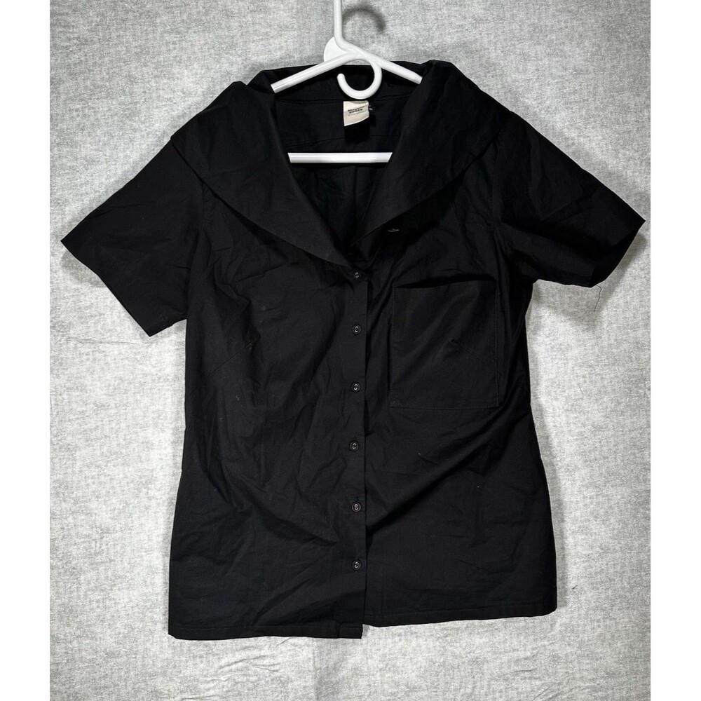 Magpie Goose Black Button up Shirt Shawl Collar Short Sleeve Women’s Size Medium